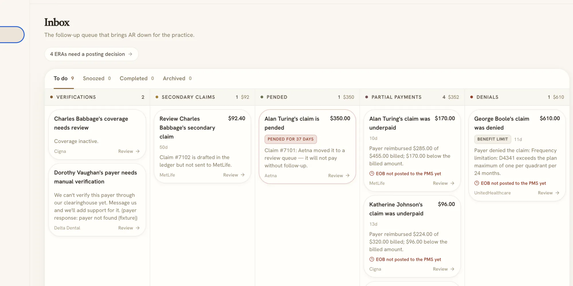 Autumn Inbox organizing receivables by verification, secondary claim, pended, partial payment, and denial work