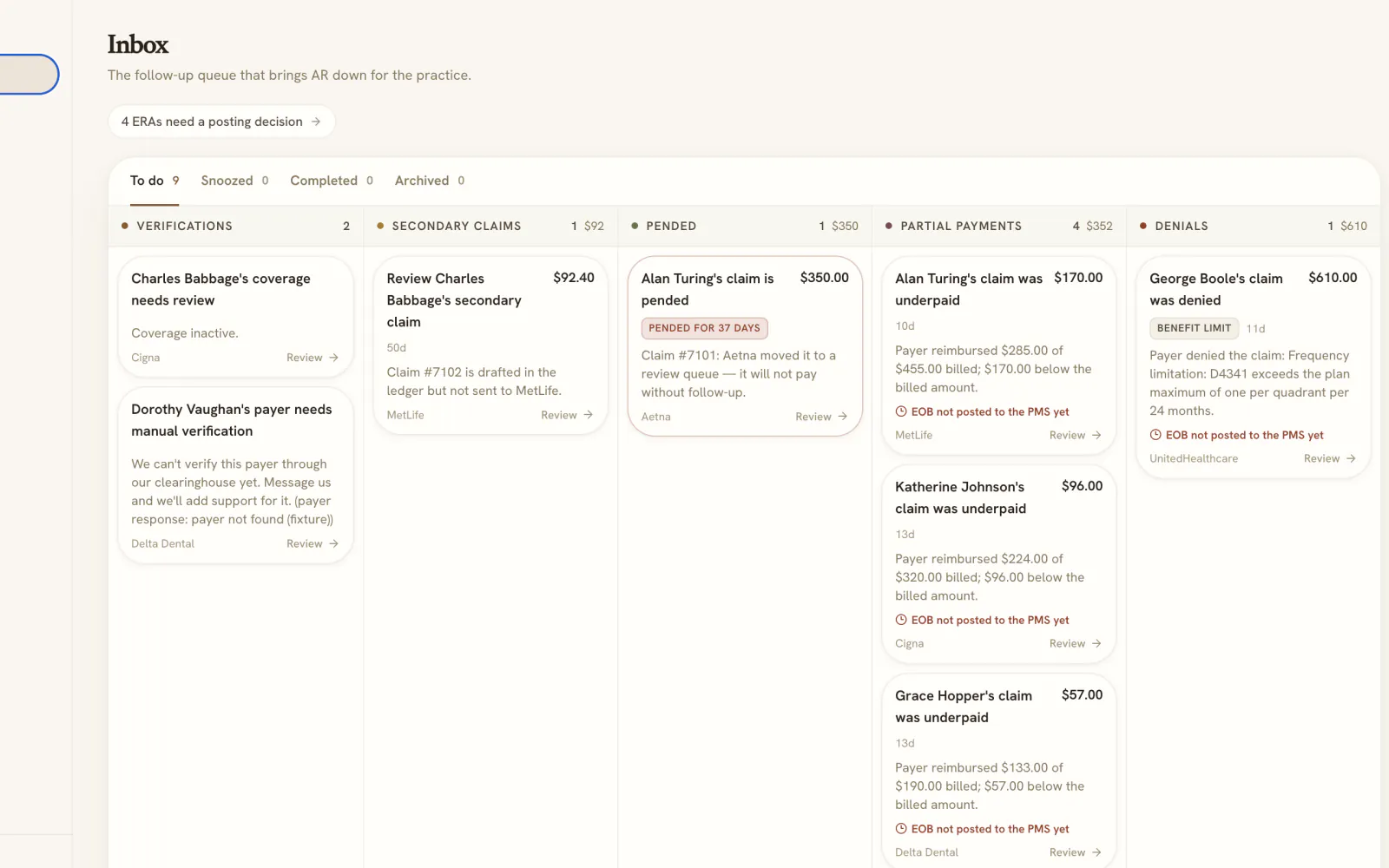 Autumn Inbox with verification, secondary claim, pended claim, underpayment, and denial review queues