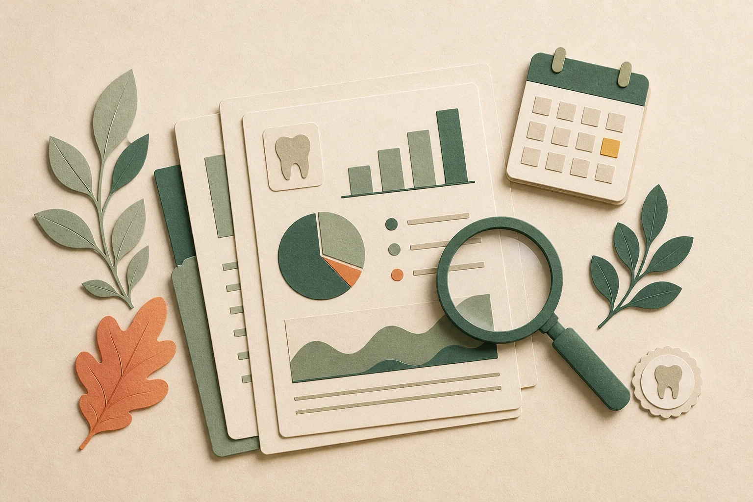Dental practice financial reports reviewed with a magnifying glass