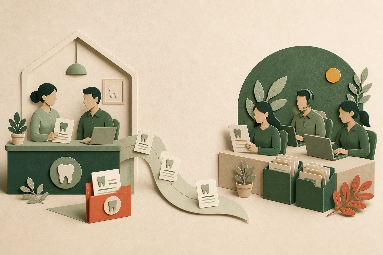 An in-house dental team and an outsourced billing team connected by claim work