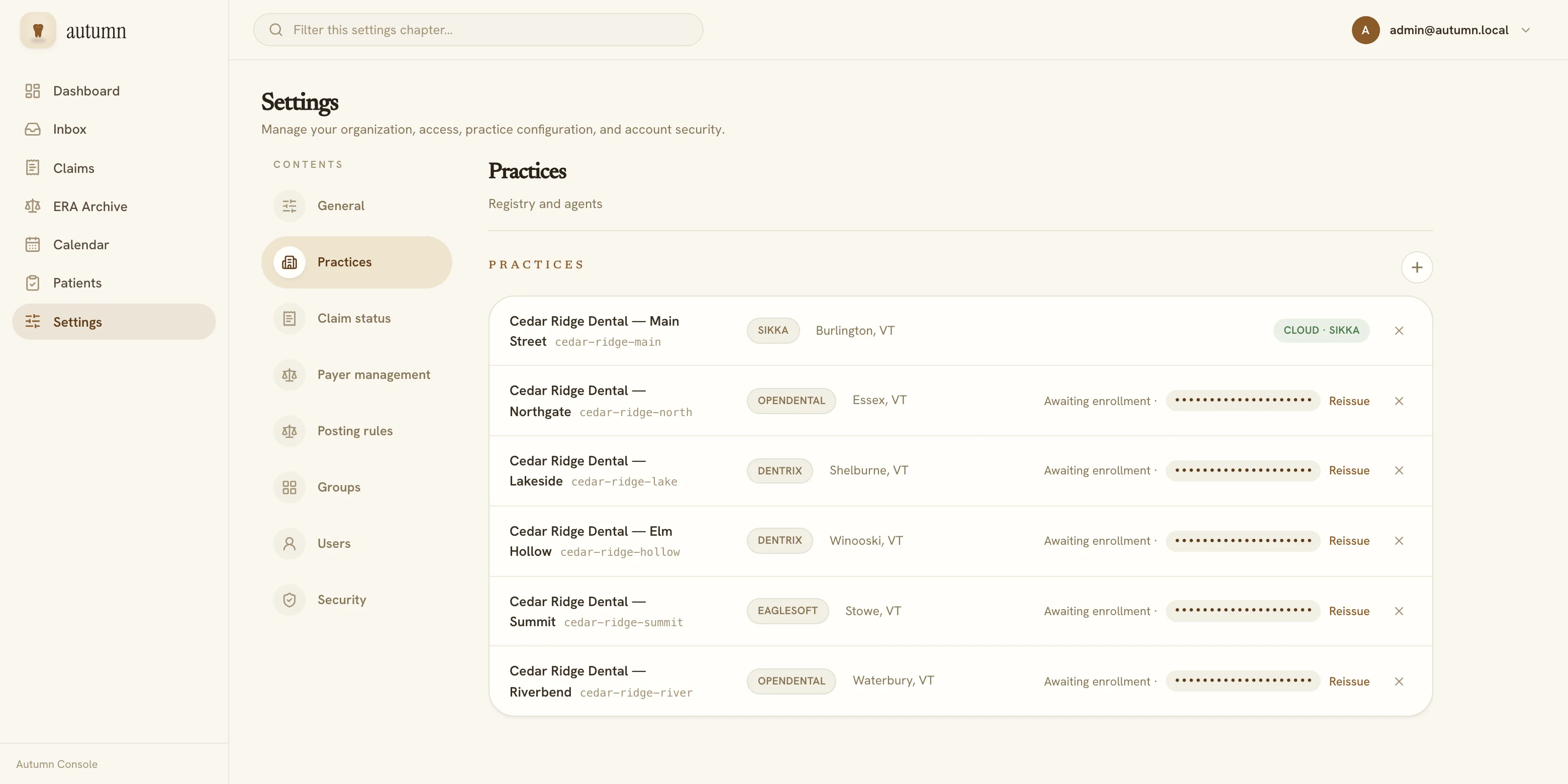 Autumn practice registry listing six locations of a dental group across four practice management systems