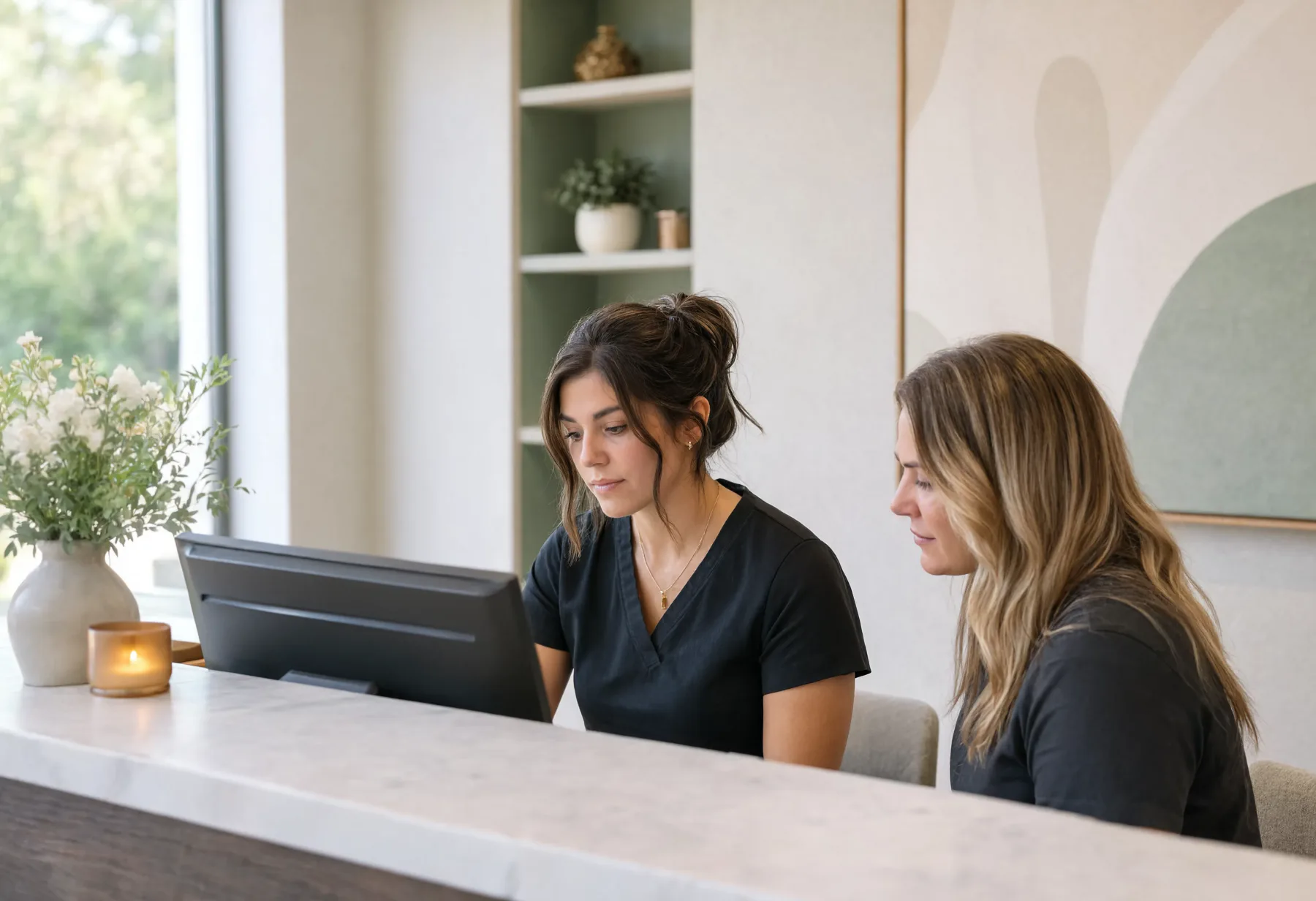 Two dental team members coordinating at the front desk