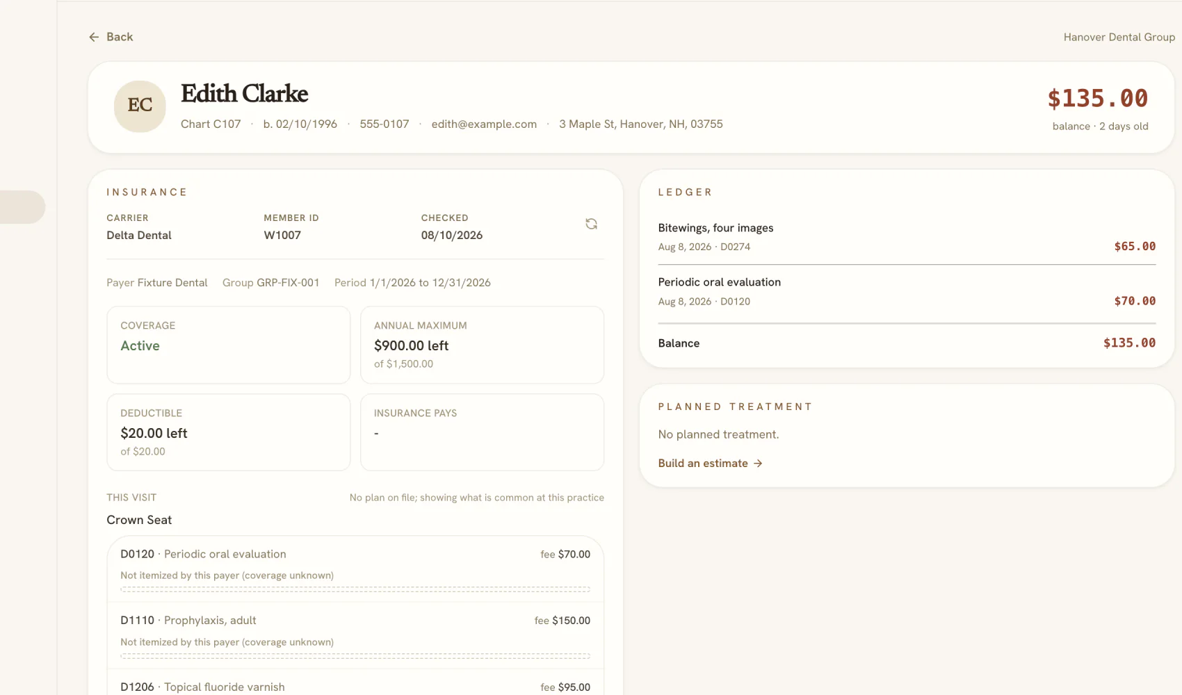 Autumn patient workspace showing insurance benefits, ledger balance, and planned treatment