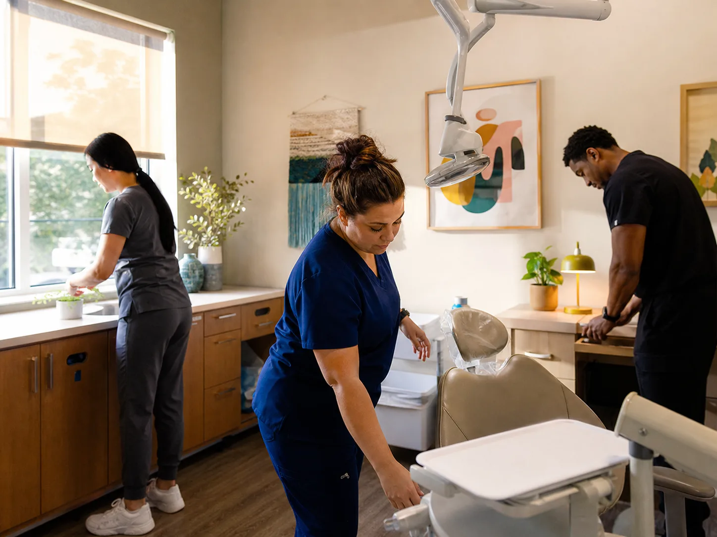 Illustrative scene of a pediatric dental team preparing a treatment room