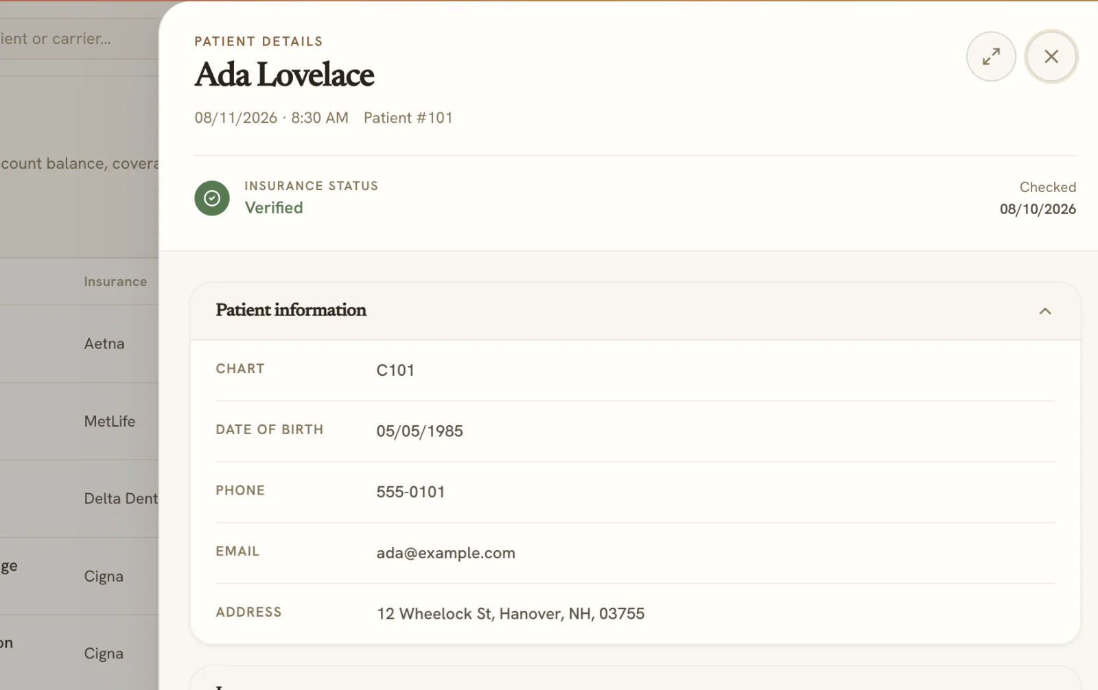 Autumn patient detail drawer showing a verified insurance state and benefit details